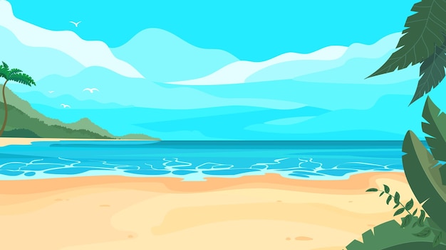 Paesaggio del fumetto di una spiaggia tropicale con piante tropicali di sabbia e un'isola all'orizzonte