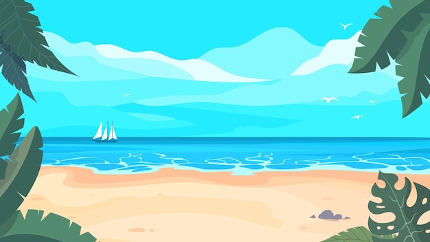 Vector cartoon landscape of a tropical beach with sand tropical plants and a ship on the horizon