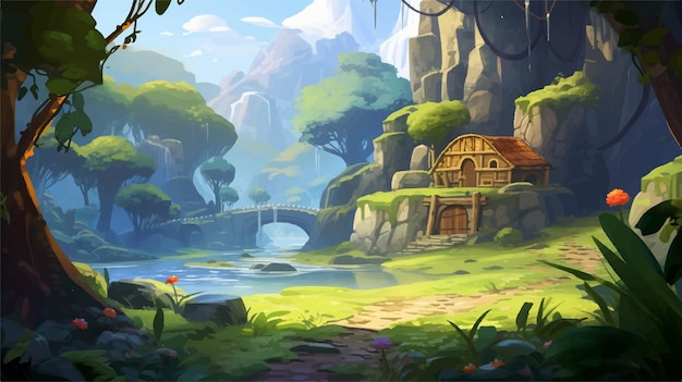 Un paesaggio cartone animato con un castello e uno sfondo di gioco fluviale