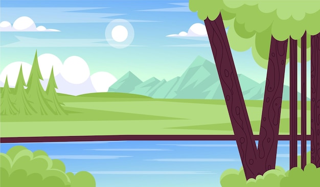 Vector a cartoon landscape with a river and mountains in the background.