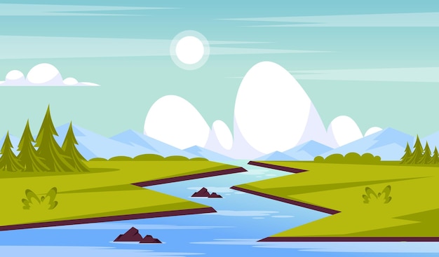 Un paesaggio da cartone animato con un fiume e montagne sullo sfondo.