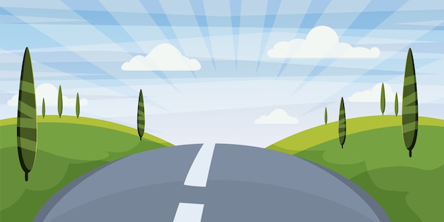 Vector cartoon landscape with road, higway and summer, sea, sun, trees.