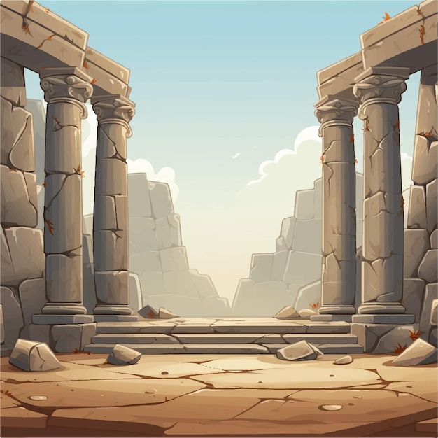 Vector a cartoon landscape with a stone ruins an ancient temple with columns and pillars game background