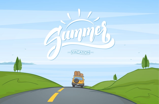 Cartoon landscape with travel car rides on the road and handwritten lettering of Summer.