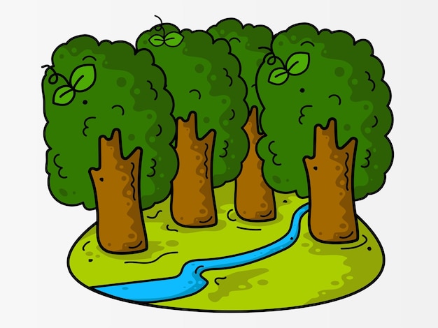 Vector cartoon landscape with trees and river