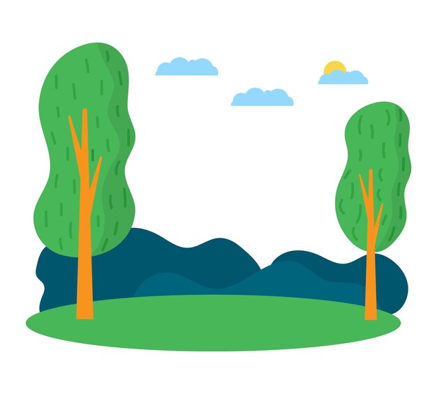 Cartoon landscape with two green trees blue hills and white clouds in the sky Simple nature scenery vector illustration