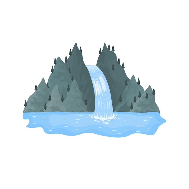 Vector cartoon landscapes with mountains and trees picturesque tourist attraction with small waterfall