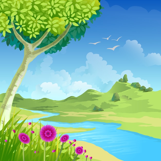 Cartoon landschap met roze bloemen