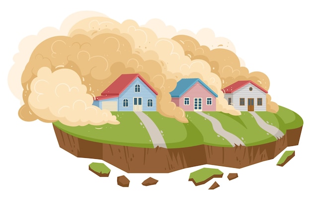 Cartoon landslide natural disaster Mountain avalanche dust clouds with stones extreme cataclysm disaster flat vector illustration on white background