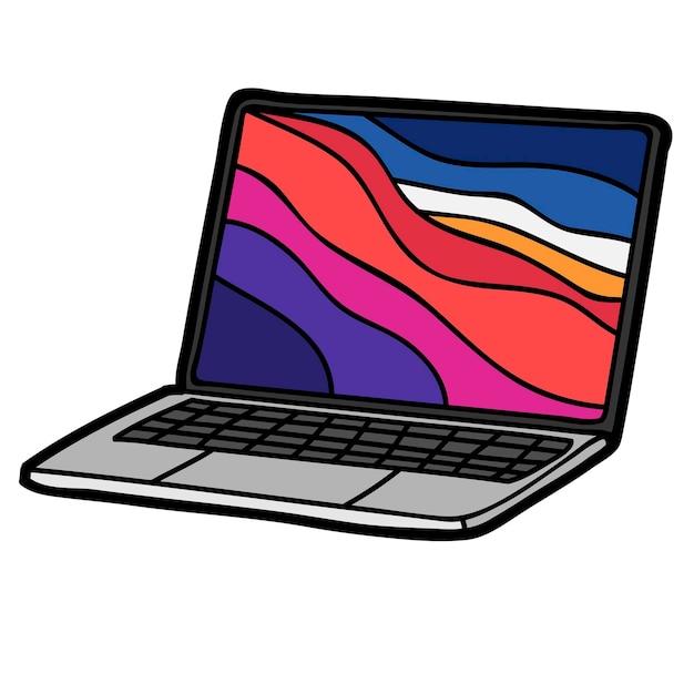 Un computer portatile a cartone animato con un modello d'onda colorato sullo schermo