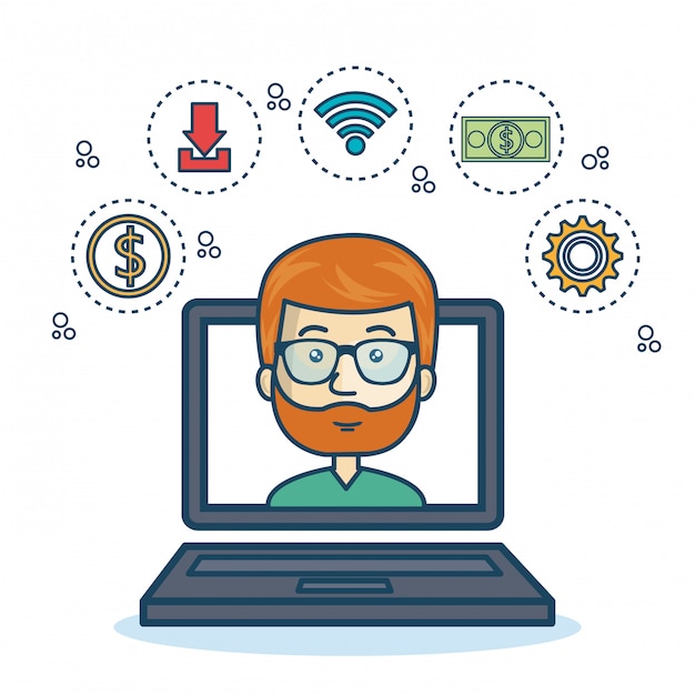 cartoon laptop guy icons web design