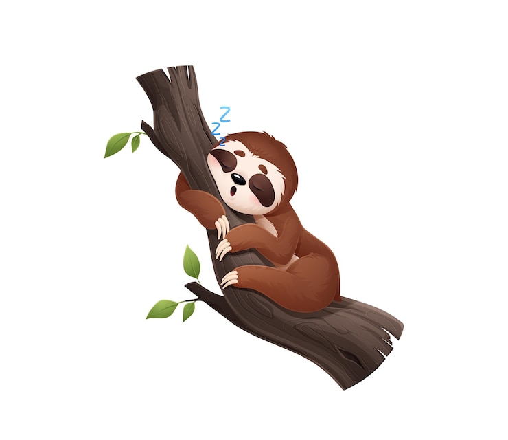 Vector cartoon lazy sloth animal character sleeps on tree