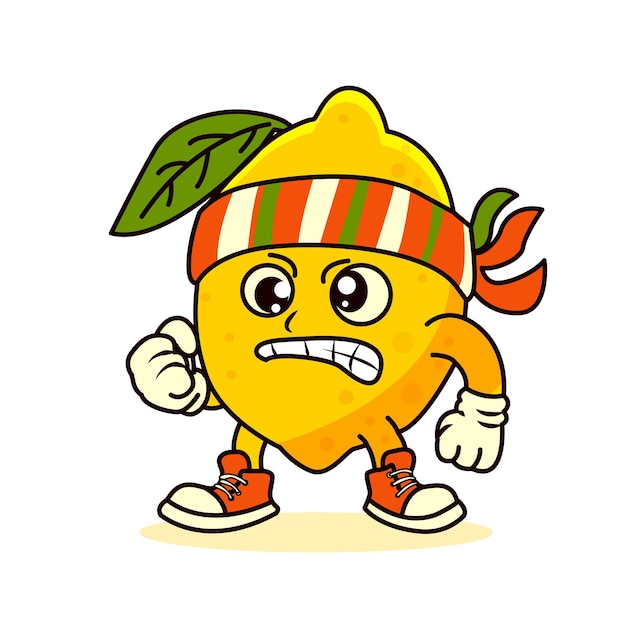 Cartoon lemon retro groovy character Vector illustration Trendy 70s cartoon style