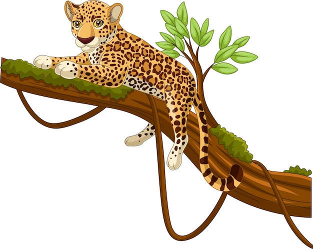 Мультяшный леопард, лежащий на ветке дерева