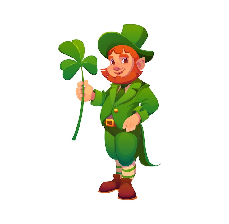 Vector cartoon leprechaun character with shamrock clover