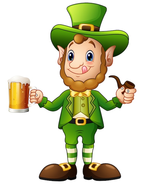 Cartoon leprechaun holding a glass of beer and pipes