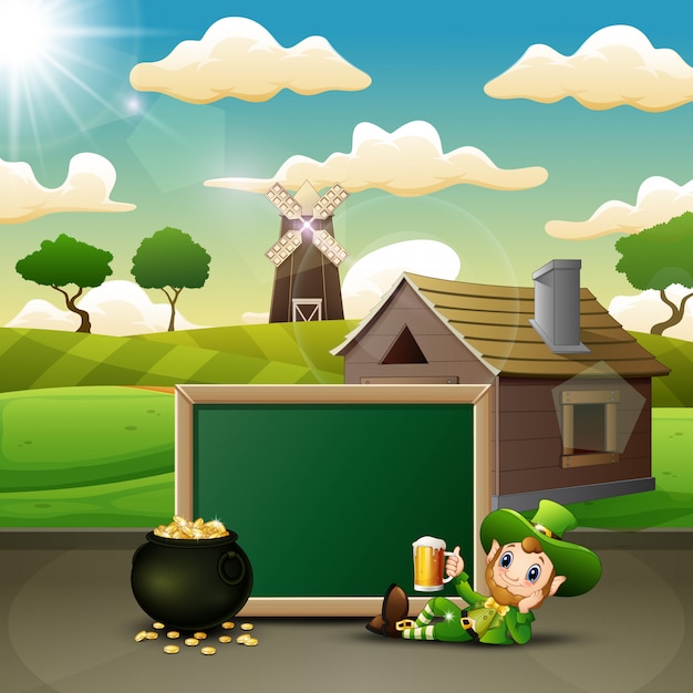 Cartoon Leprechaun holding a mug beer with chalkboard and pot of gold coins