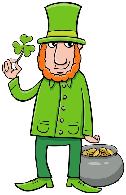 Cartoon leprechaun met klaver en goud op saint patrick day