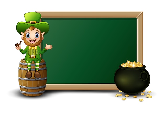 Vector cartoon leprechaun sitting above barrel