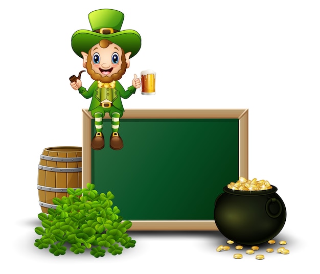 Cartoon leprechaun sitting above chalkboard