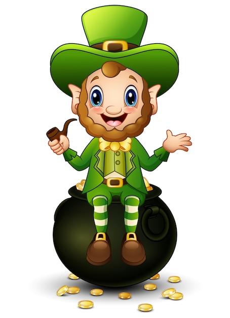 Vector cartoon leprechaun sitting on pot of gold