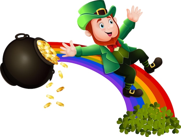 Cartoon leprechaun sliding down the rainbow