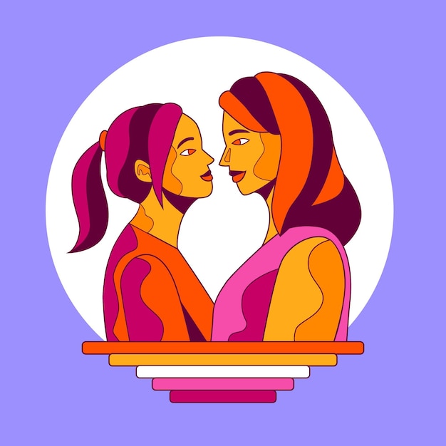 Vector cartoon lesbian kiss illustration