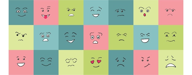 Vector cartoon leuke en grappige gezichten met positieve en negatieve emoties