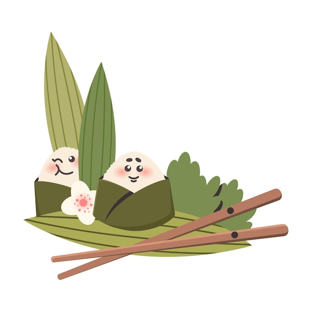 Cartoon Leuke onigiri met stokjes in de natuur Aziatisch eten Rijstbal als traditionele Japanse schotel Vector