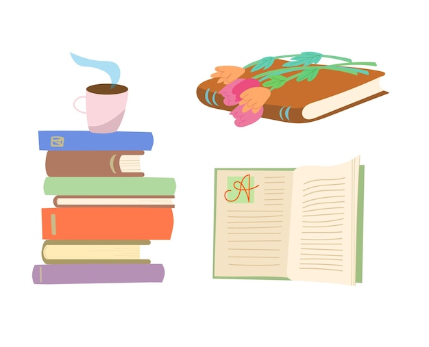 Cartoon lezing set boeken Open boek Boek en bloemen