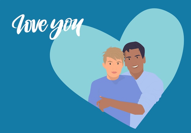 Cartoon lgbt couple are hugging. Vector illustration