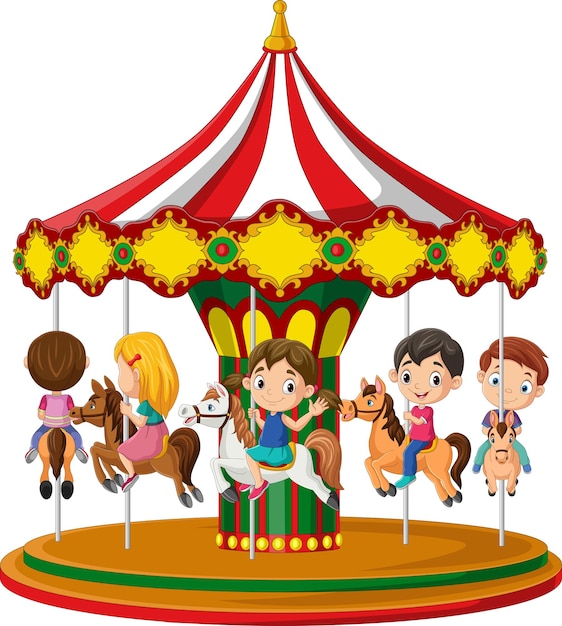 Cartoon lieve kinderen op de carrousel met paarden