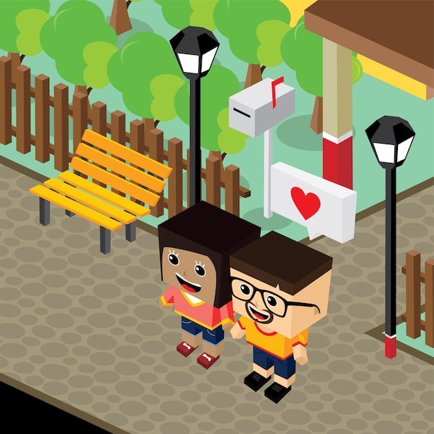 Cartoon life couple lover isometric theme