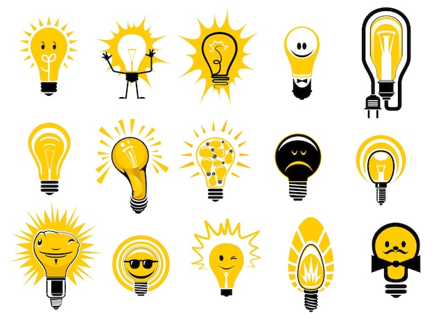 Cartoon light bulbs icons and objects