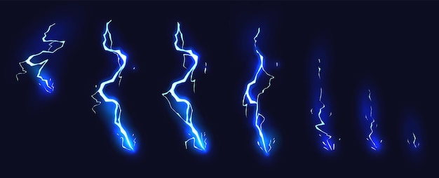 Cartoon lightning animation Animated frames of electric strike magic electricity hit and thunderbolt effect vector illustration set