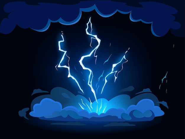 Cartoon lightning strike Thunderbolt hit from thunderstorm clouds shock flash effect vector illustration