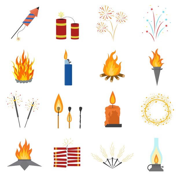 Vettore cartoon lights and flames signs icon set include of fire fireworks explosion candle and campfire vector illustration of icons