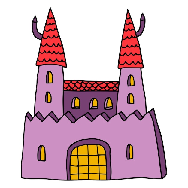 Cartoon lineaire doodle retro kasteel met torens geïsoleerd op een witte achtergrond.