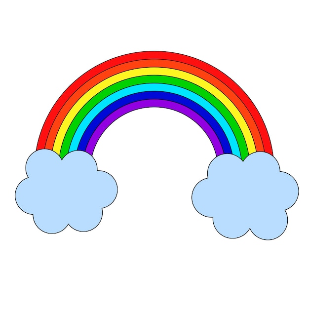 Cartoon linear doodle rainbow and clouds isolated on white background.