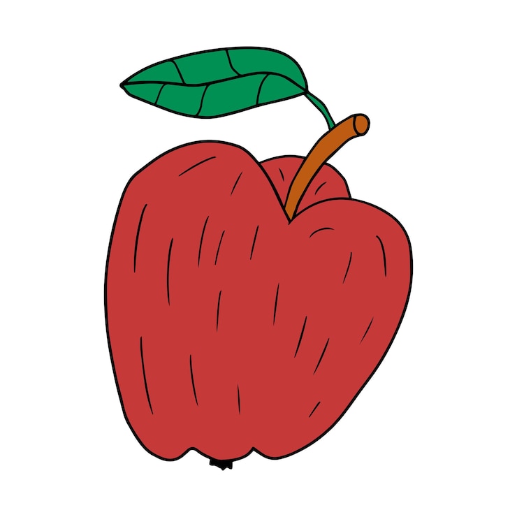 Vector cartoon linear doodle retro apple with leaf isolated on white background