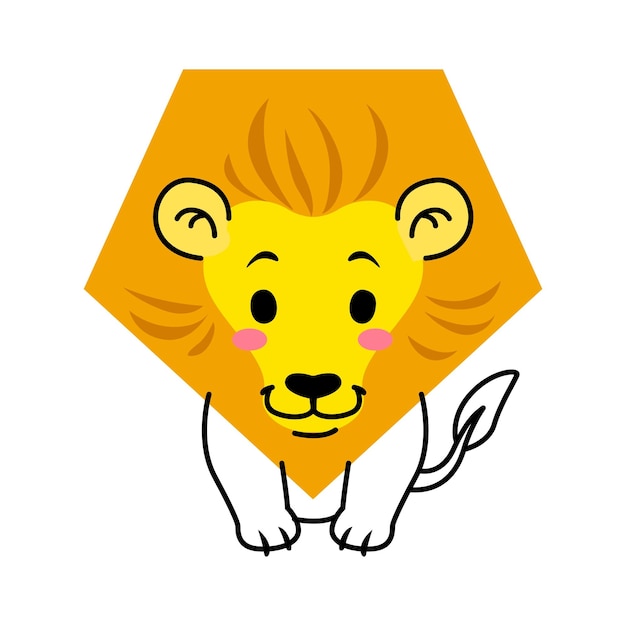 Cartoon lion animal character with math shape vector kids education Basic geometry and mathematics personage of cute african safari lion cat with head face and mane in shape of yellow pentagon