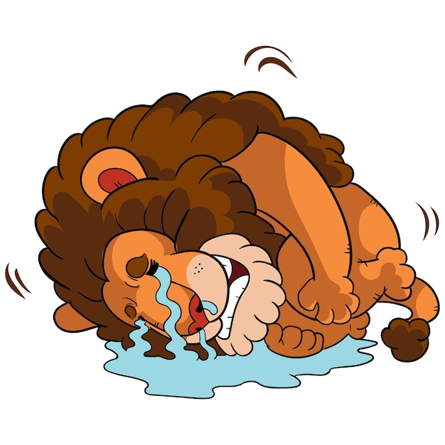 Vector cartoon lion crying in fetal position