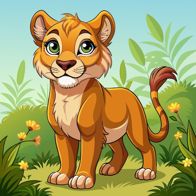 Vector a cartoon of a lion cub in a jungle with flowers