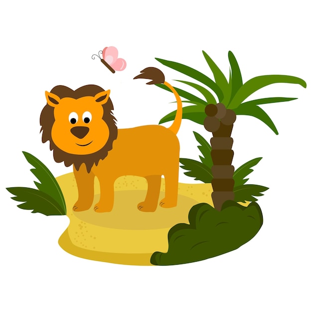 Cartoon lion in flat style on landscape Vector illustration