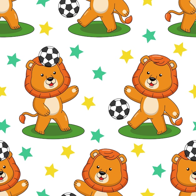 Vector cartoon lion playing football seamless pattern design
