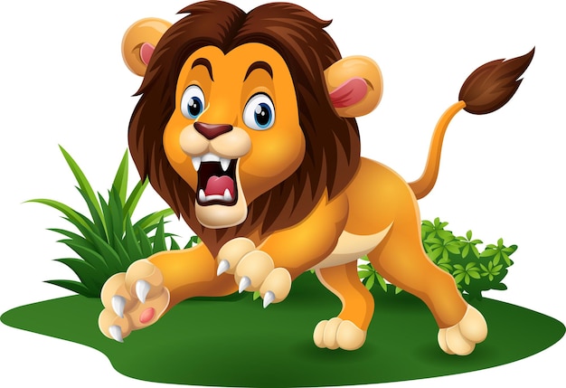 Vector cartoon lion roaring in grass