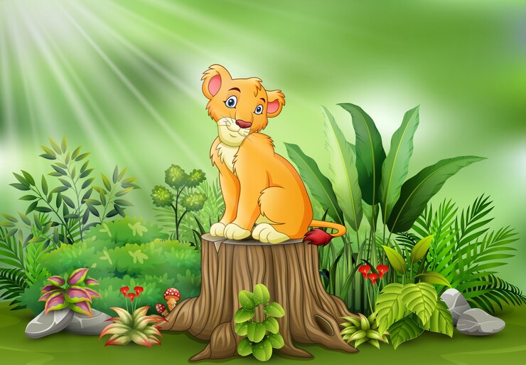 वेक्टर cartoon of a lion sitting on tree stump