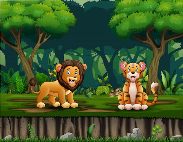 Cartoon lion and tiger living in the jungle