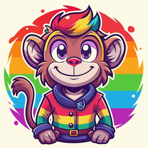 A cartoon of a lion wearing a shirt with a rainbow in the background