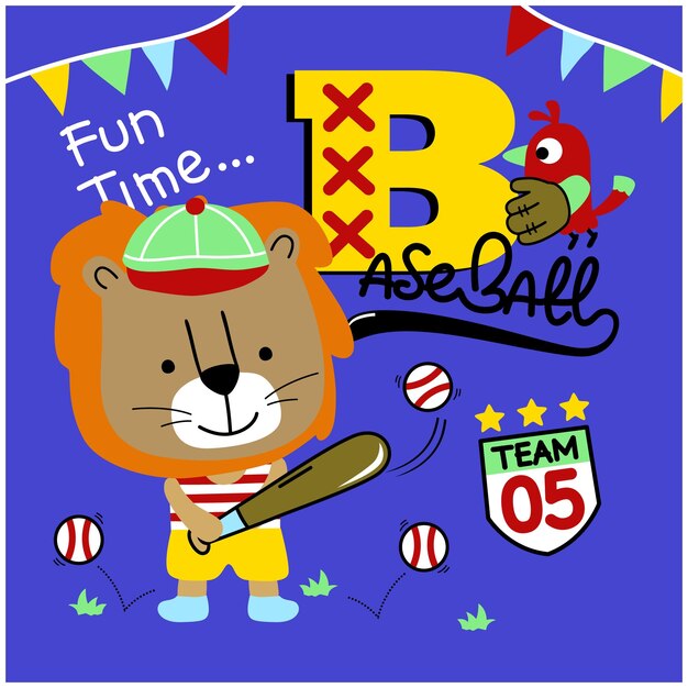 A cartoon lion with a baseball bat and a hat that says " b as baseball ".